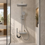 Brushed silver 4‑function shower system, modern bathroom interior