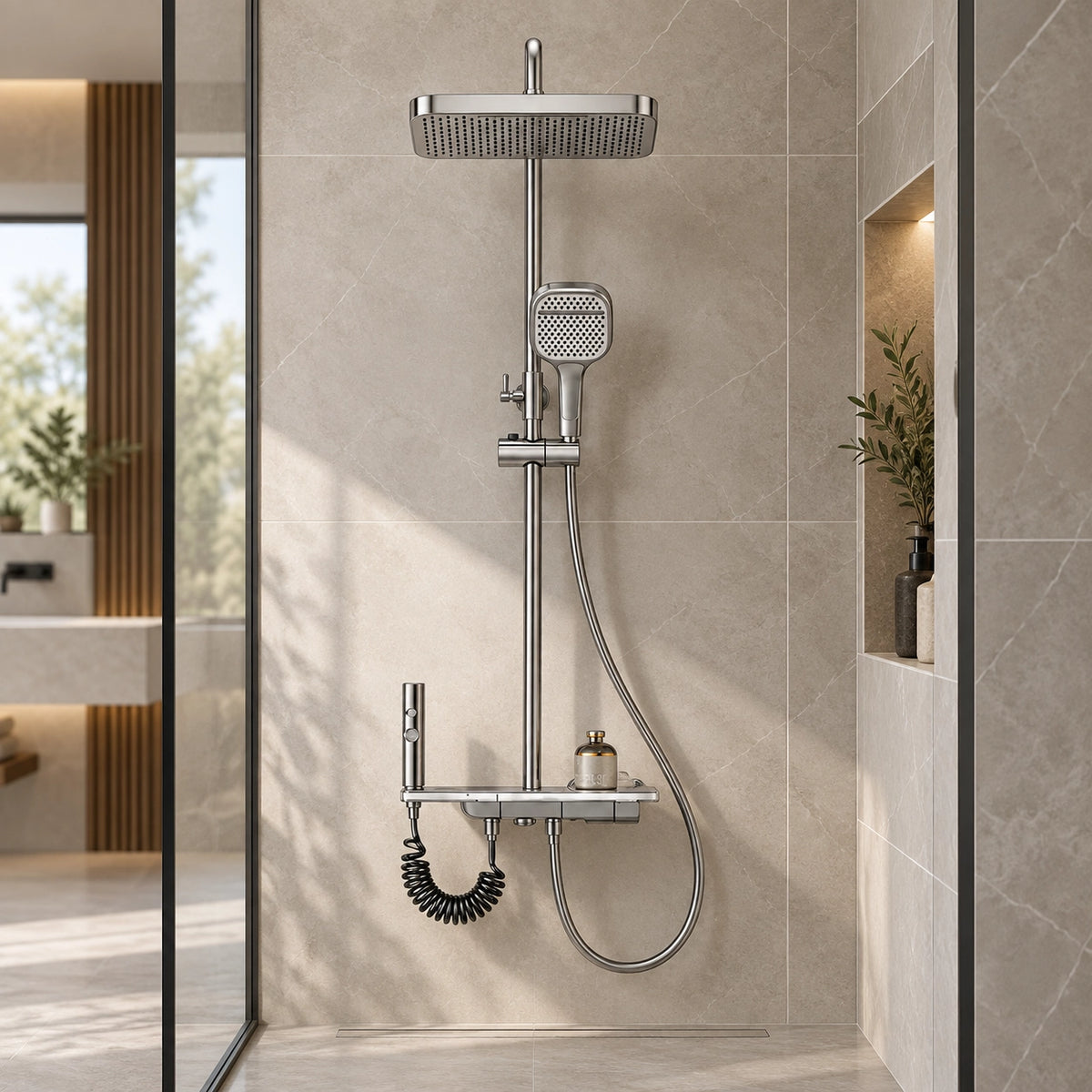 Brushed silver 4‑function shower system, modern bathroom interior