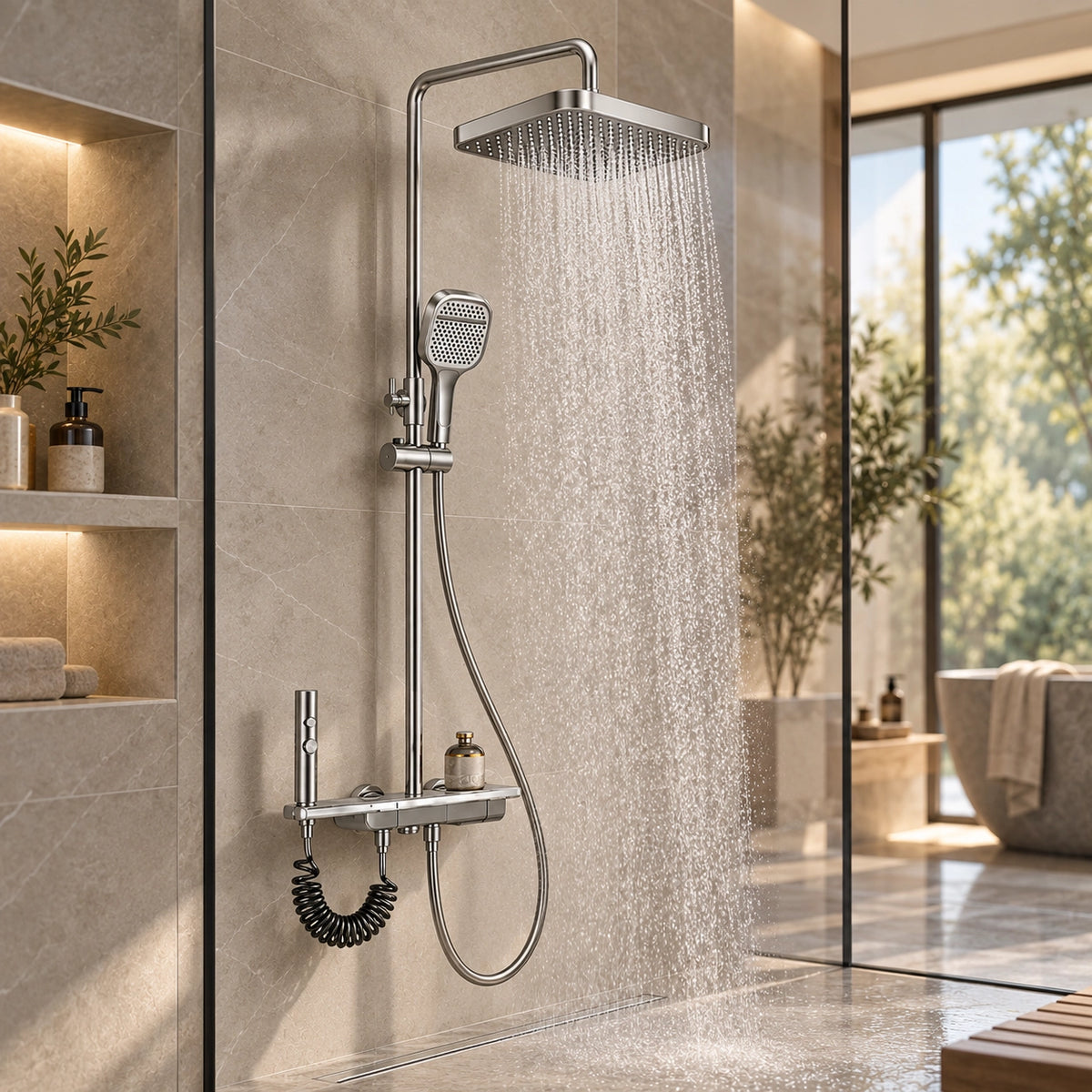 Brushed silver shower set spraying water, luxury home bathroom scene