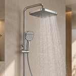 Square overhead and handheld shower head with running water