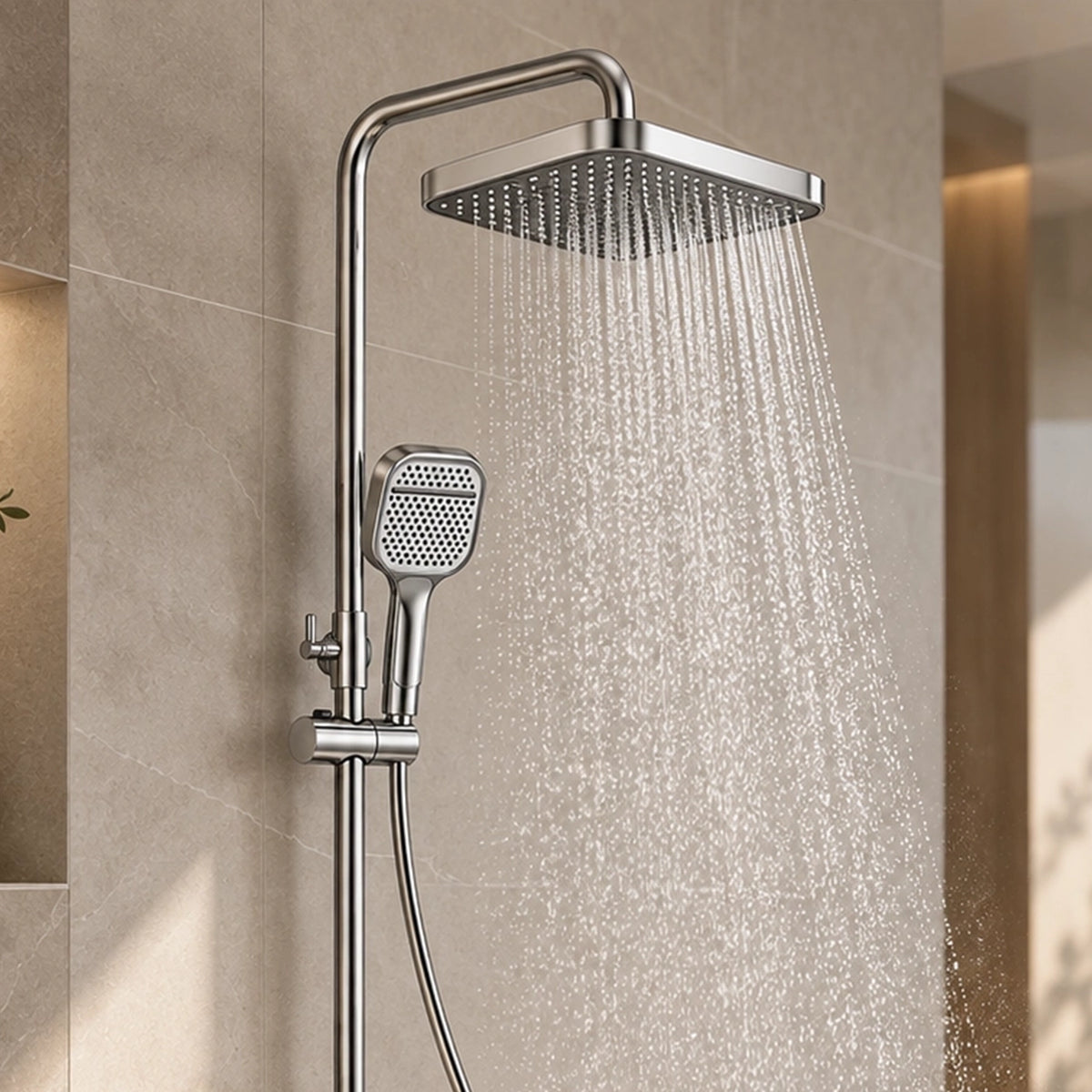 Square overhead and handheld shower head with running water