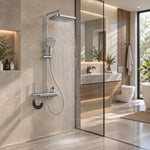 4‑in‑1 silver shower system, full bathroom view