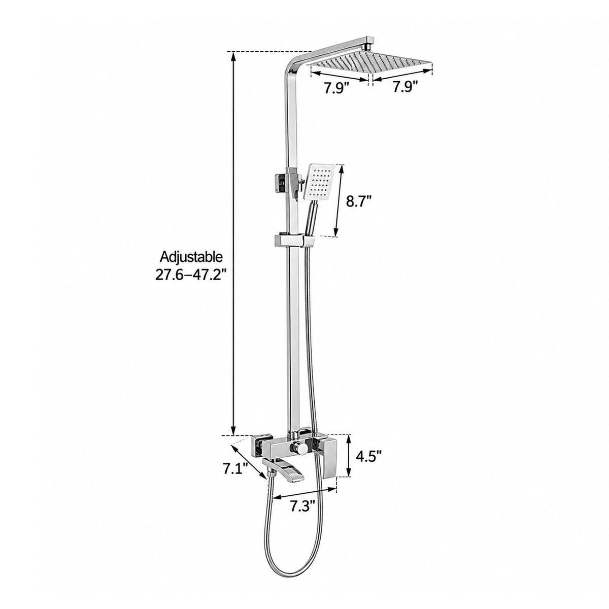Silver exposed shower faucet set, 7.9in