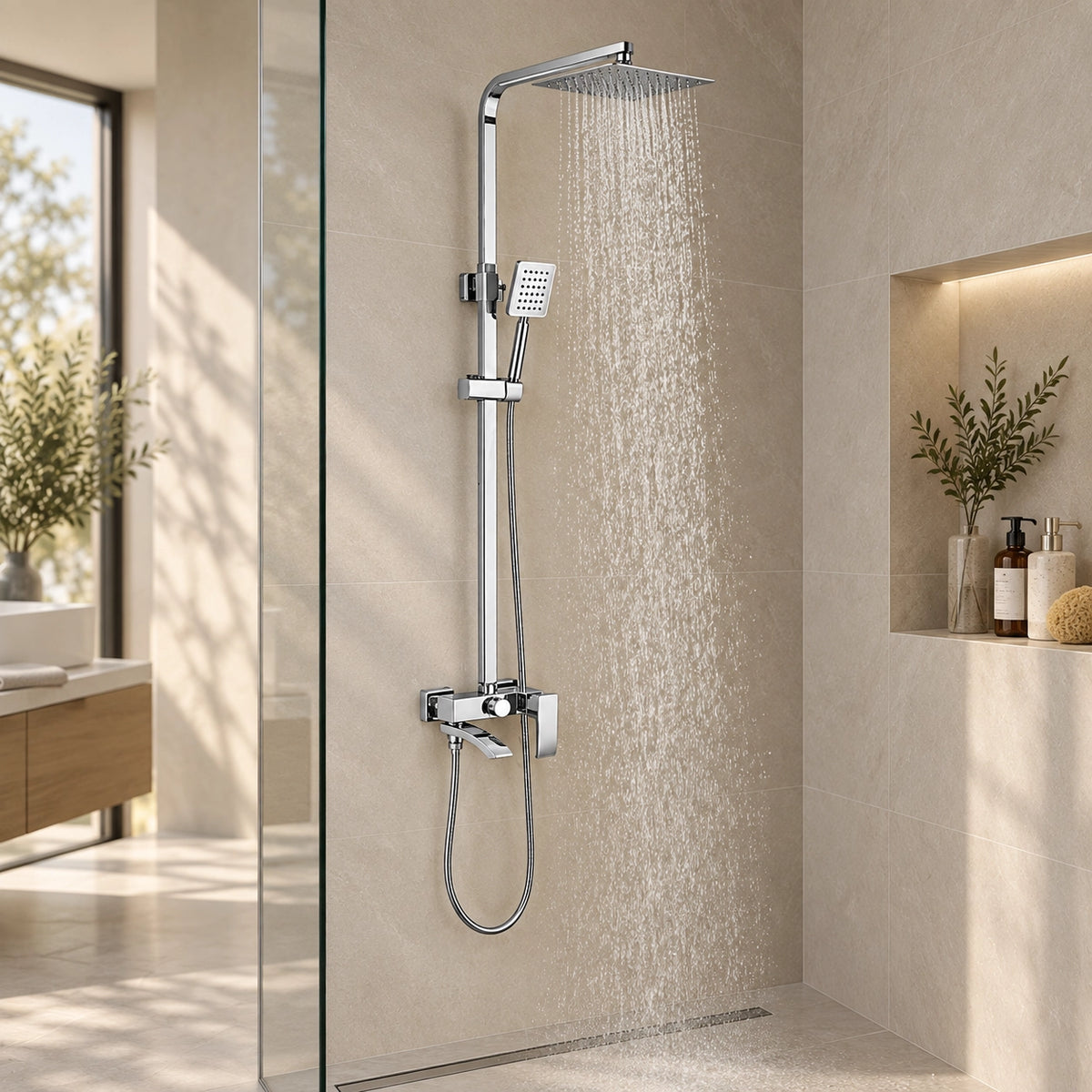 Square rainfall shower head running water, light tone bathroom environment