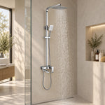 Square rainfall shower head running water, light tone bathroom environment