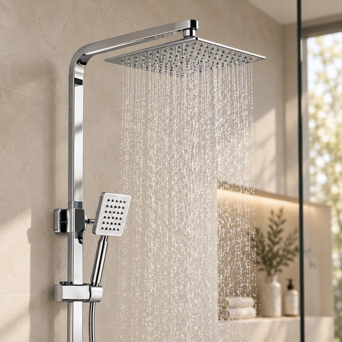 Close‑up of large square rain shower head with flowing water in bathroom