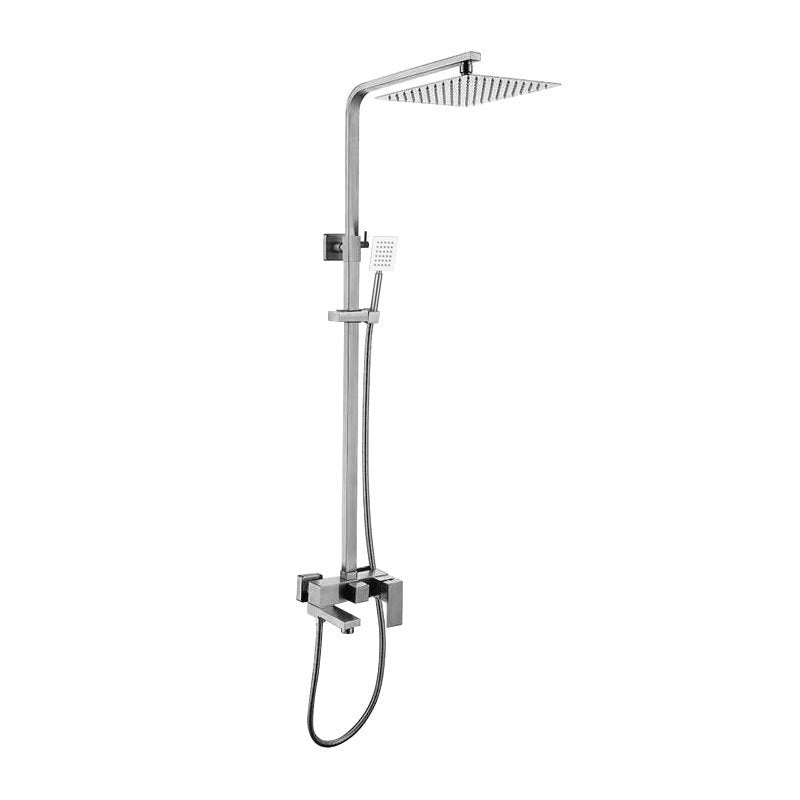 Grey exposed shower system, minimalist square dual‑outlet shower unit