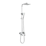 Silver exposed shower faucet set, square overhead and dual‑function handheld sprayer