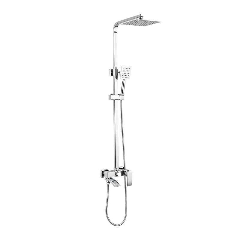 Silver exposed shower faucet set, square overhead and dual‑function handheld sprayer
