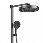 Close‑up of overhead shower and hand shower spray nozzles