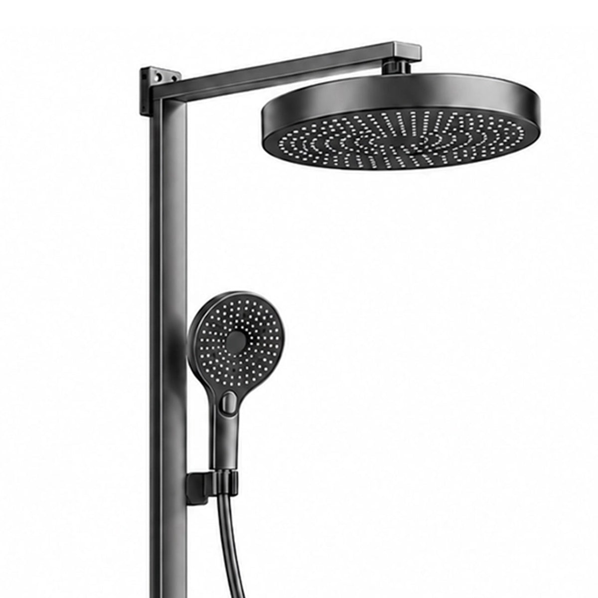 Close‑up of overhead shower and hand shower spray nozzles