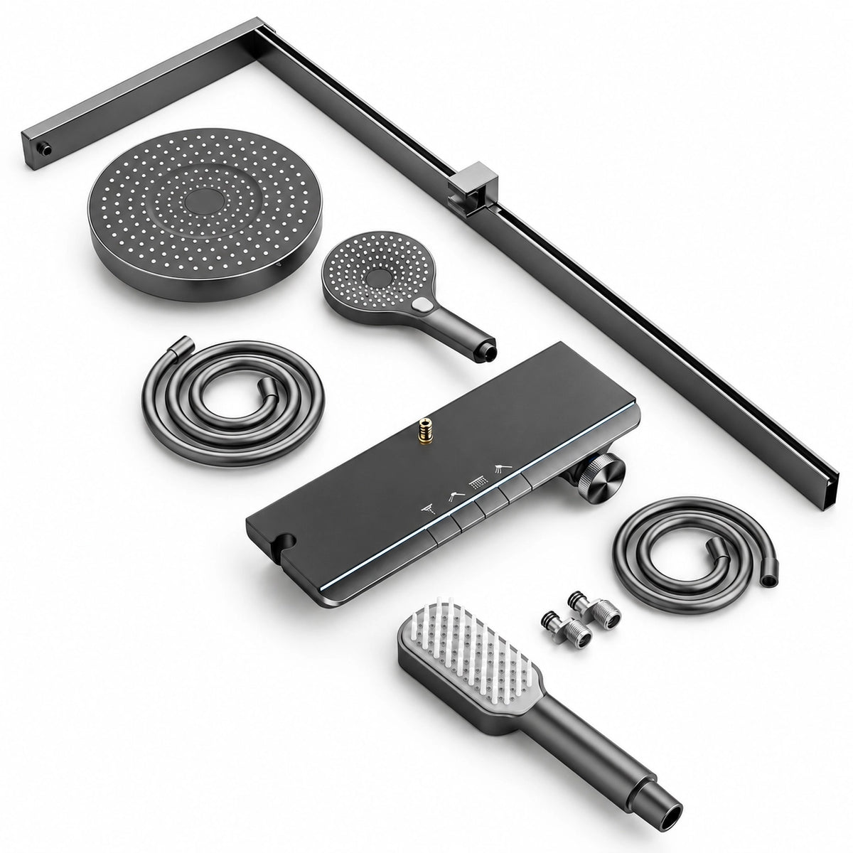 Disassembled display of full shower accessories kit