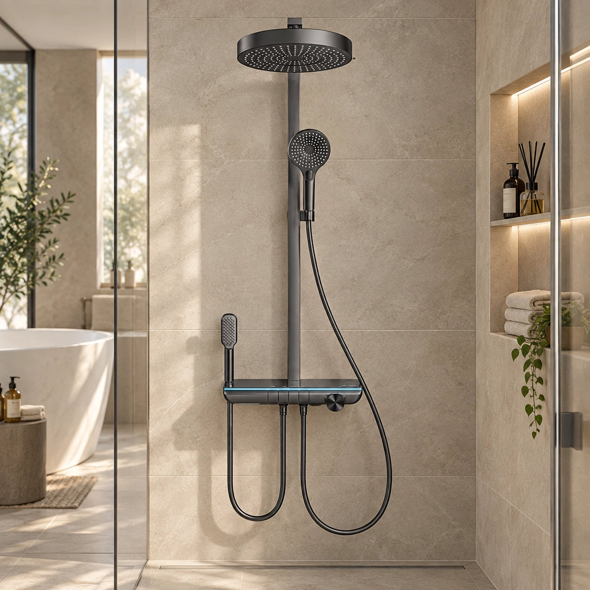 4‑function shower set, display in minimalist bathroom scene
