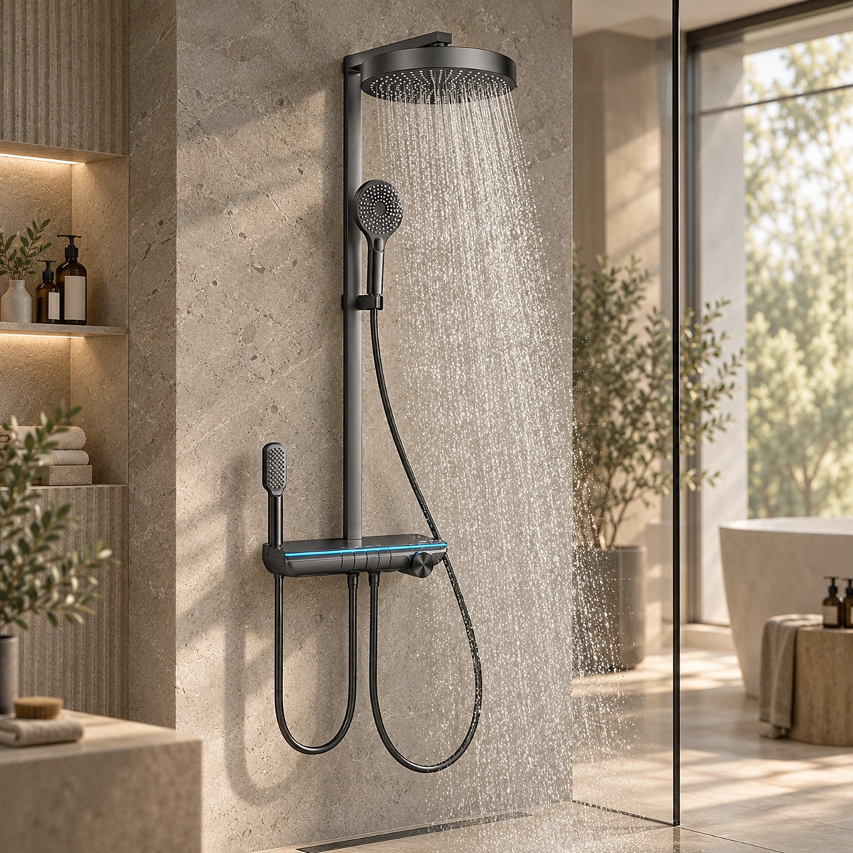 4‑function shower set, display in home bathroom scene