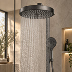 Shower set, close‑up of overhead and hand shower water flow in bathroom