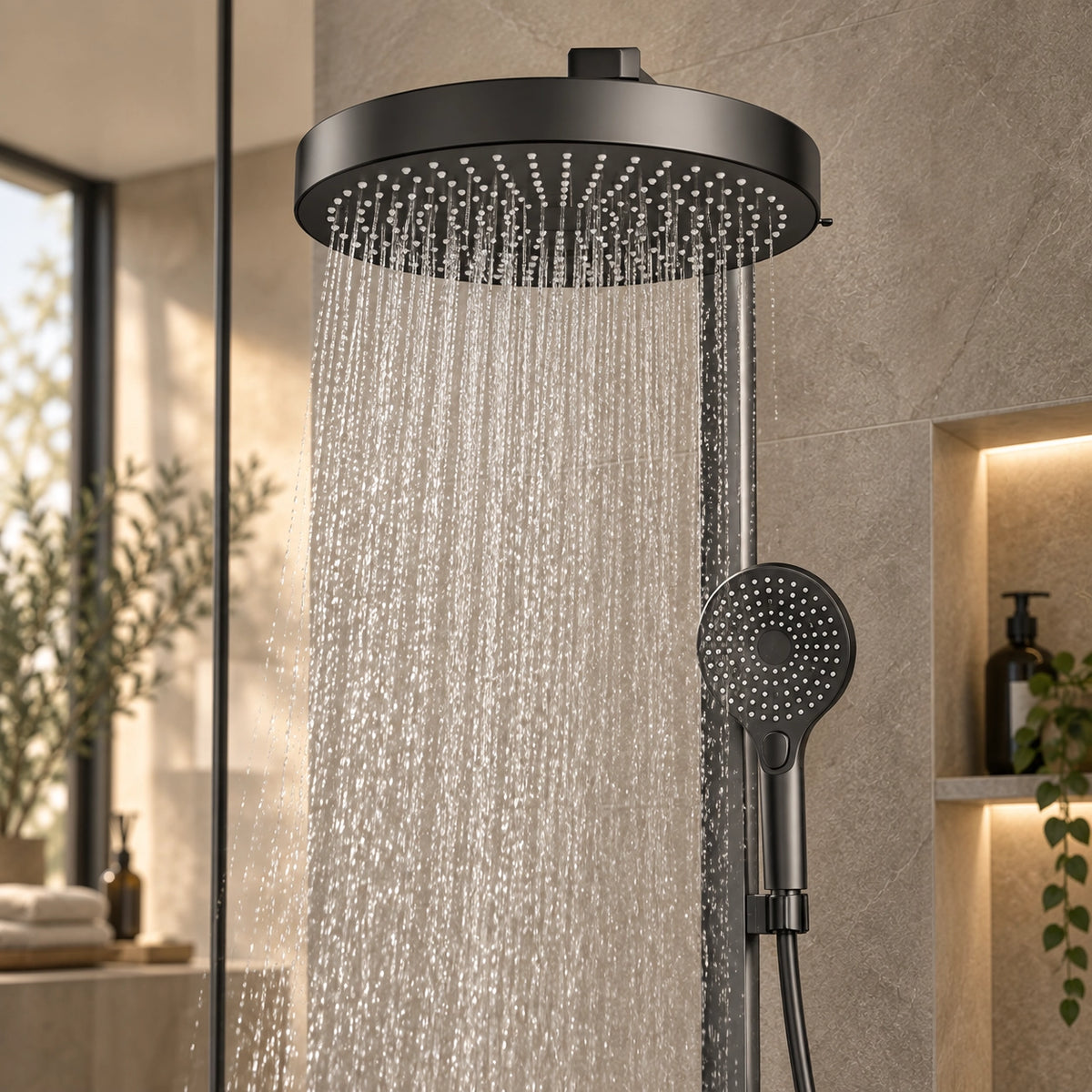 Shower set, close‑up of overhead and hand shower water flow in bathroom