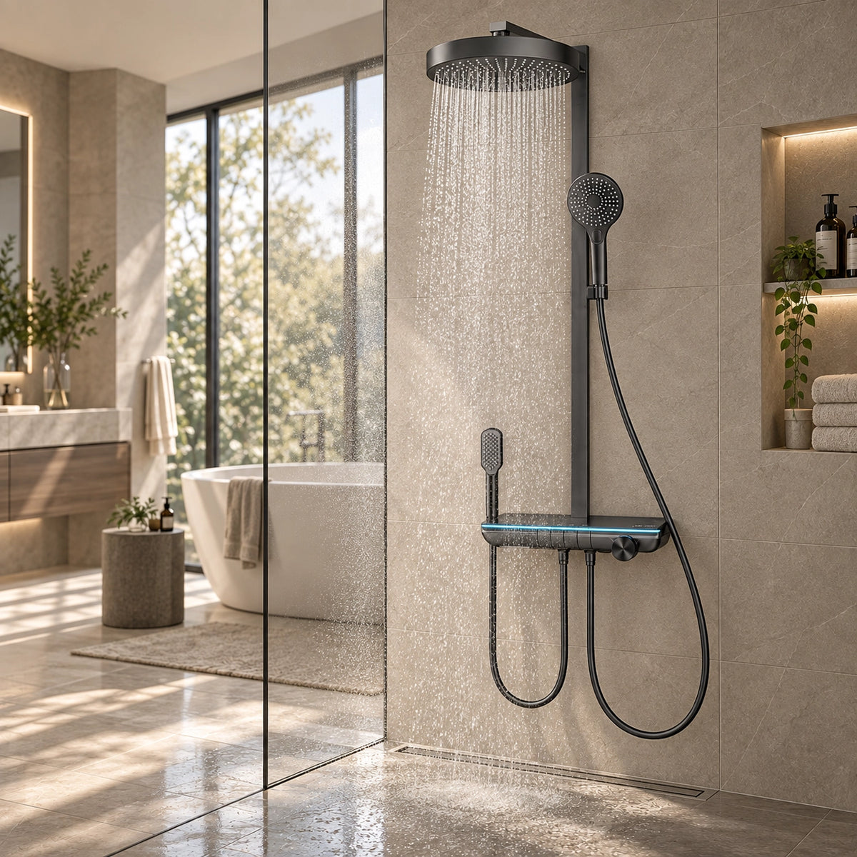 4‑function shower set, display in modern bathroom scene