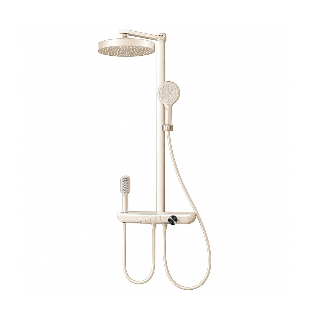 Off‑White exposed shower system, combo of round overhead, hand spray and bidet sprayer