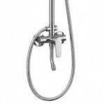 Shower mixing valve unit, partial view with metal hose and handle