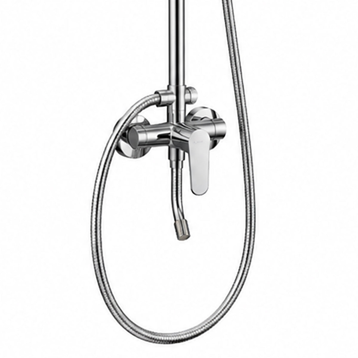 Shower mixing valve unit, partial view with metal hose and handle