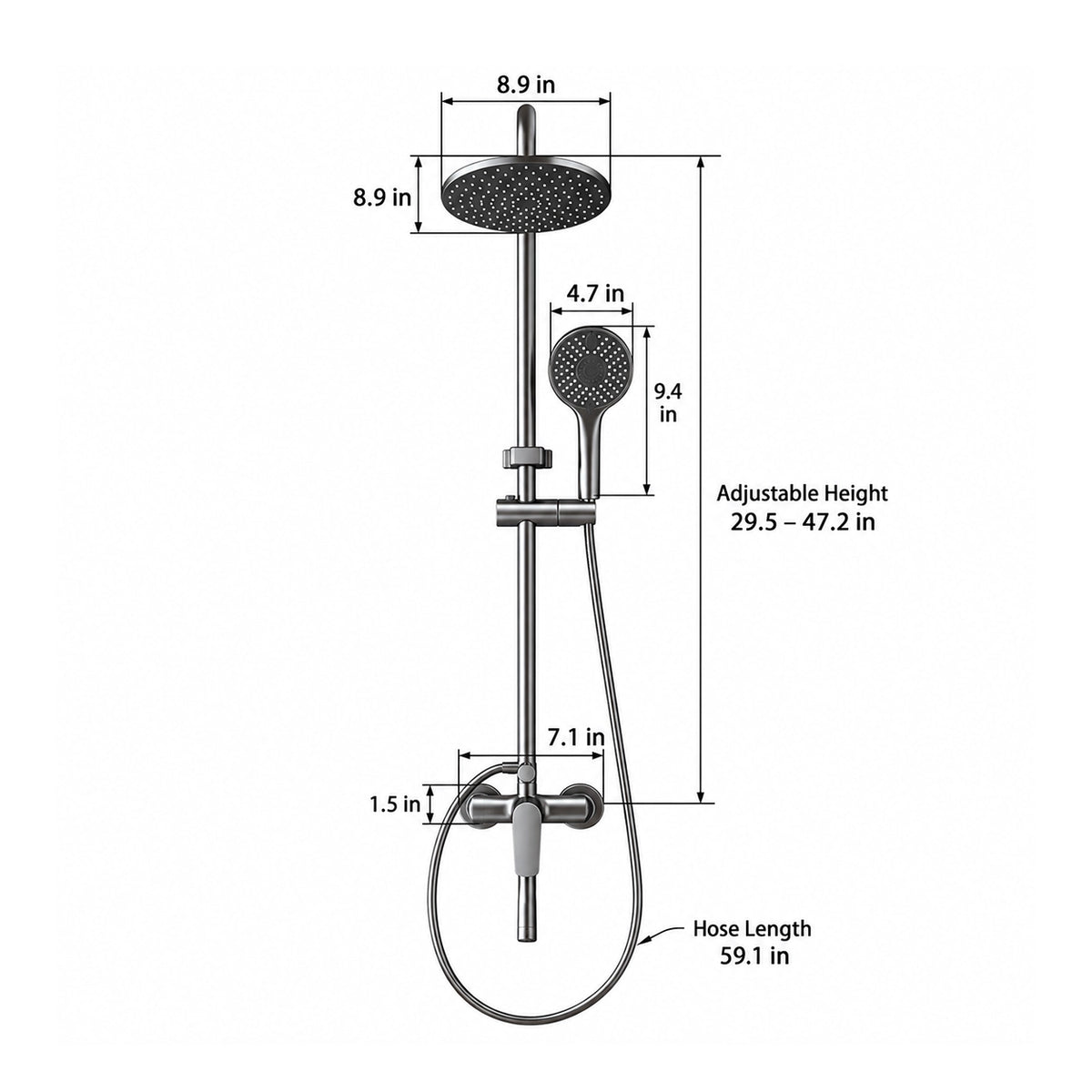 Grey 3‑outlet shower set,8.9in
