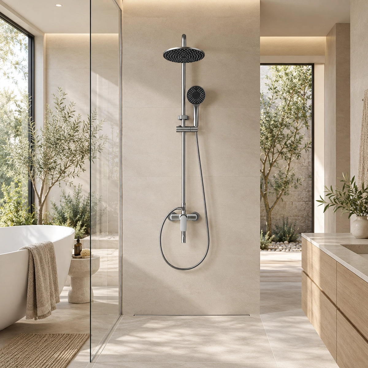 Electroplated exposed shower system, display in minimalist modern bathroom