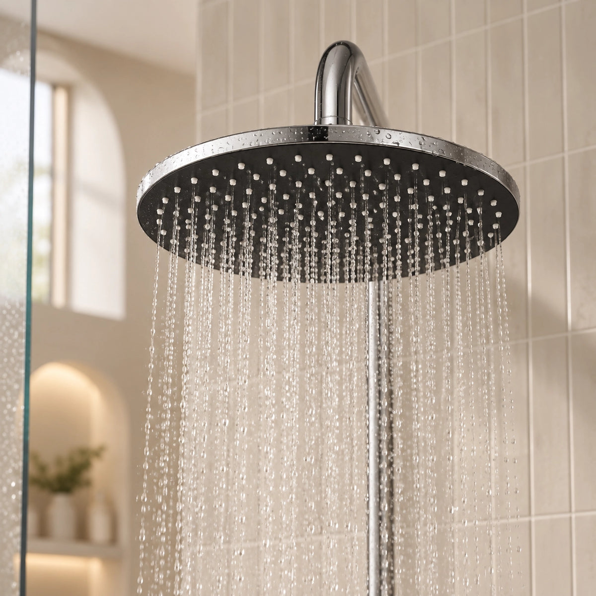 Round overhead shower head, close‑up of rain spray in bathroom