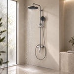 Electroplated 2‑mode shower set, water flow display in luxury bathroom scene