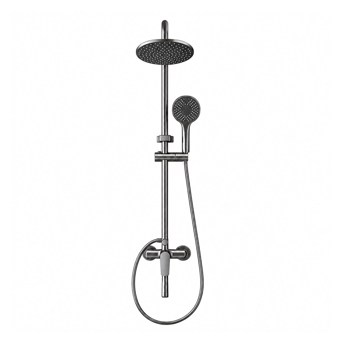 Grey exposed shower set, 3‑function with round overhead, hand spray and bottom spout