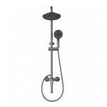 Grey exposed shower set, 3‑function with round overhead, hand spray and bottom spout