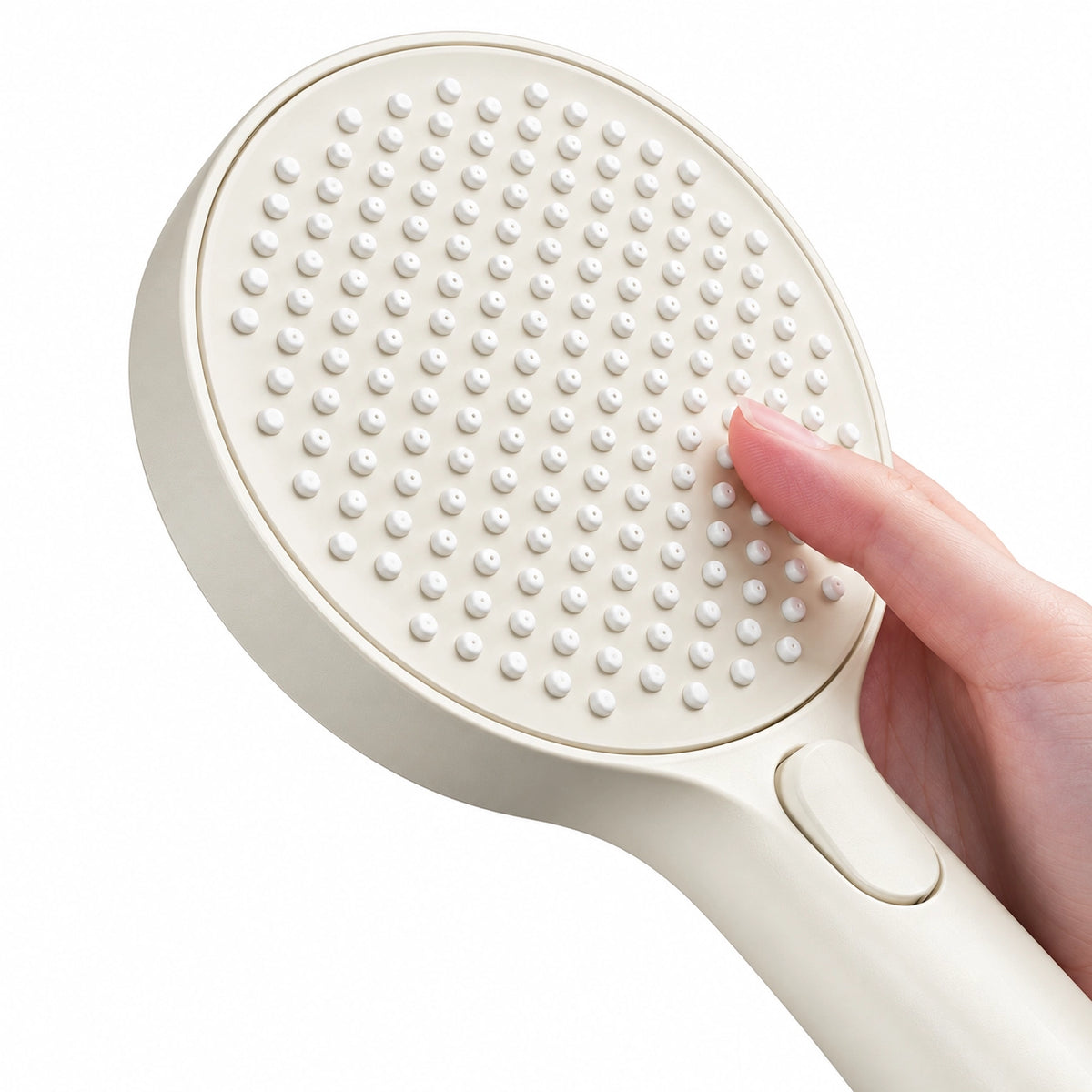 Round handheld shower faceplate, soft silicone nozzles press demonstration