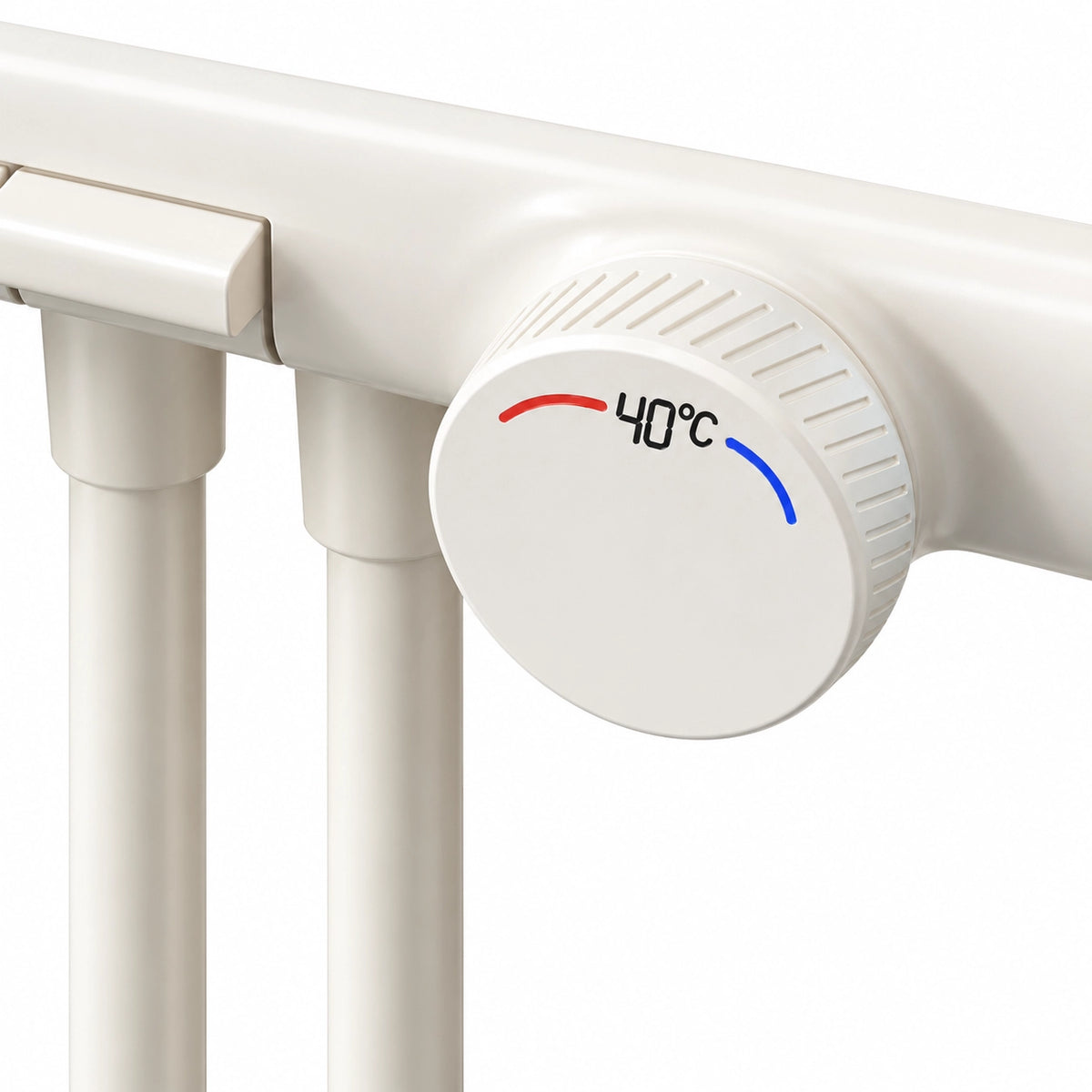 Thermostatic shower knob close‑up, 40℃ hot‑cold temperature marking