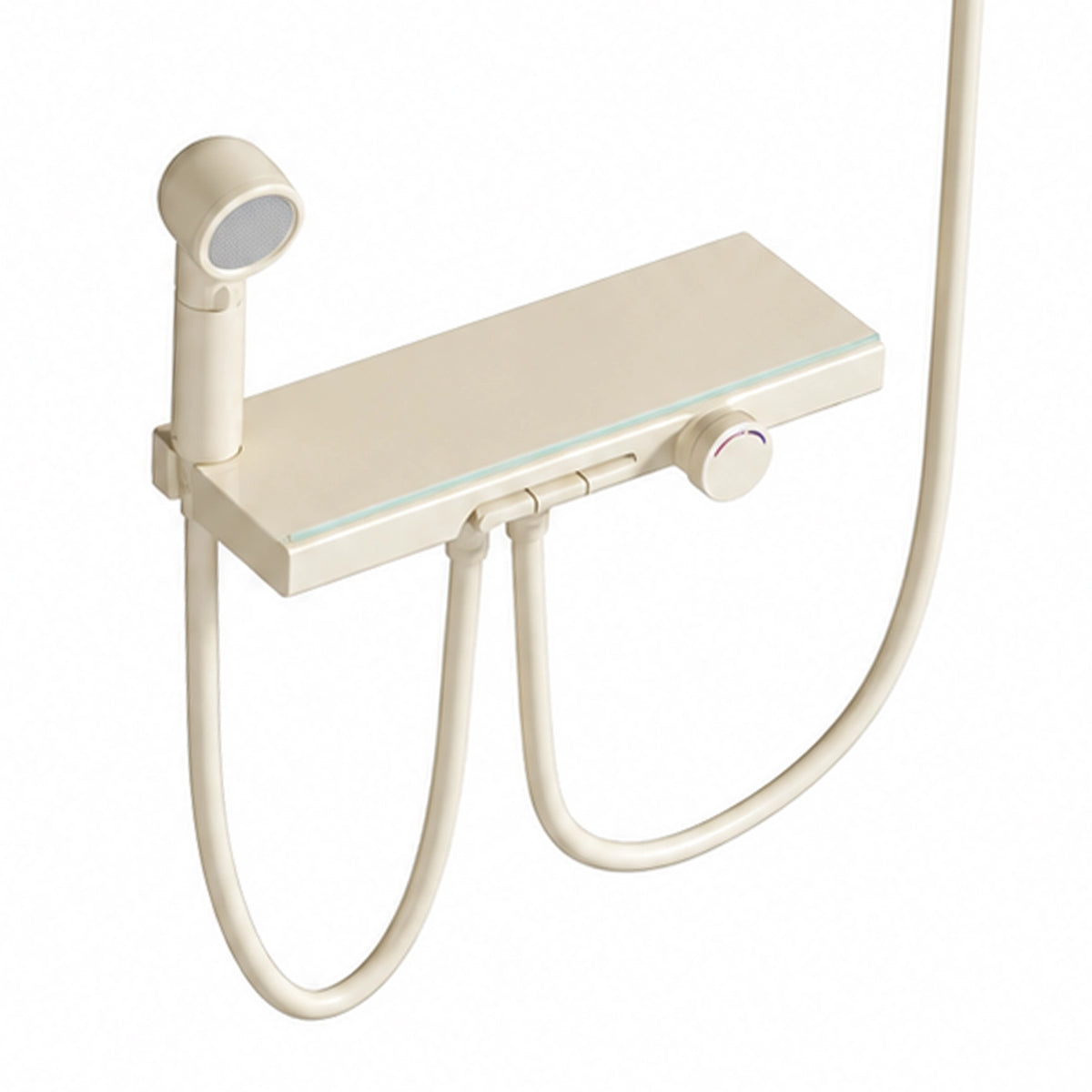 Close‑up of cream thermostatic shower valve shelf, sprayer & hose connection