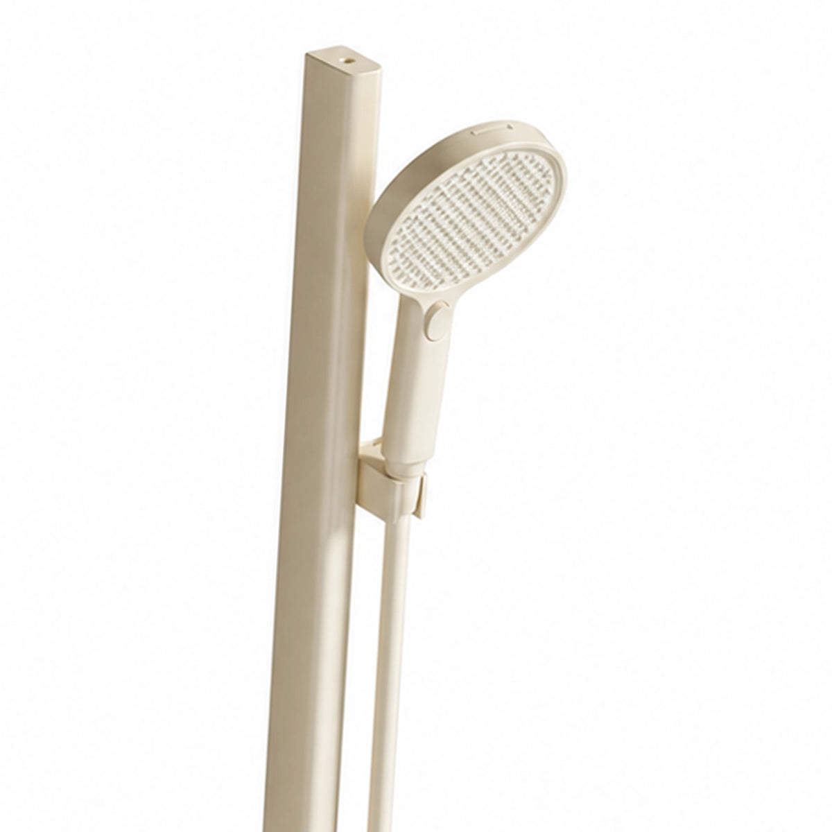 Close‑up of cream square slide bar & handheld shower, adjustable slider detail