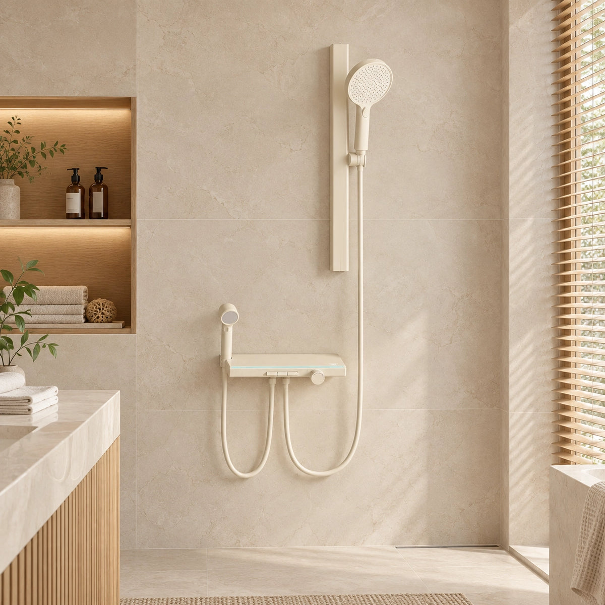 Cream non‑overhead shower set, real bathroom scene with light marble tile