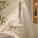 Cream 3‑function shower system, bathroom real view with wooden built‑in niche