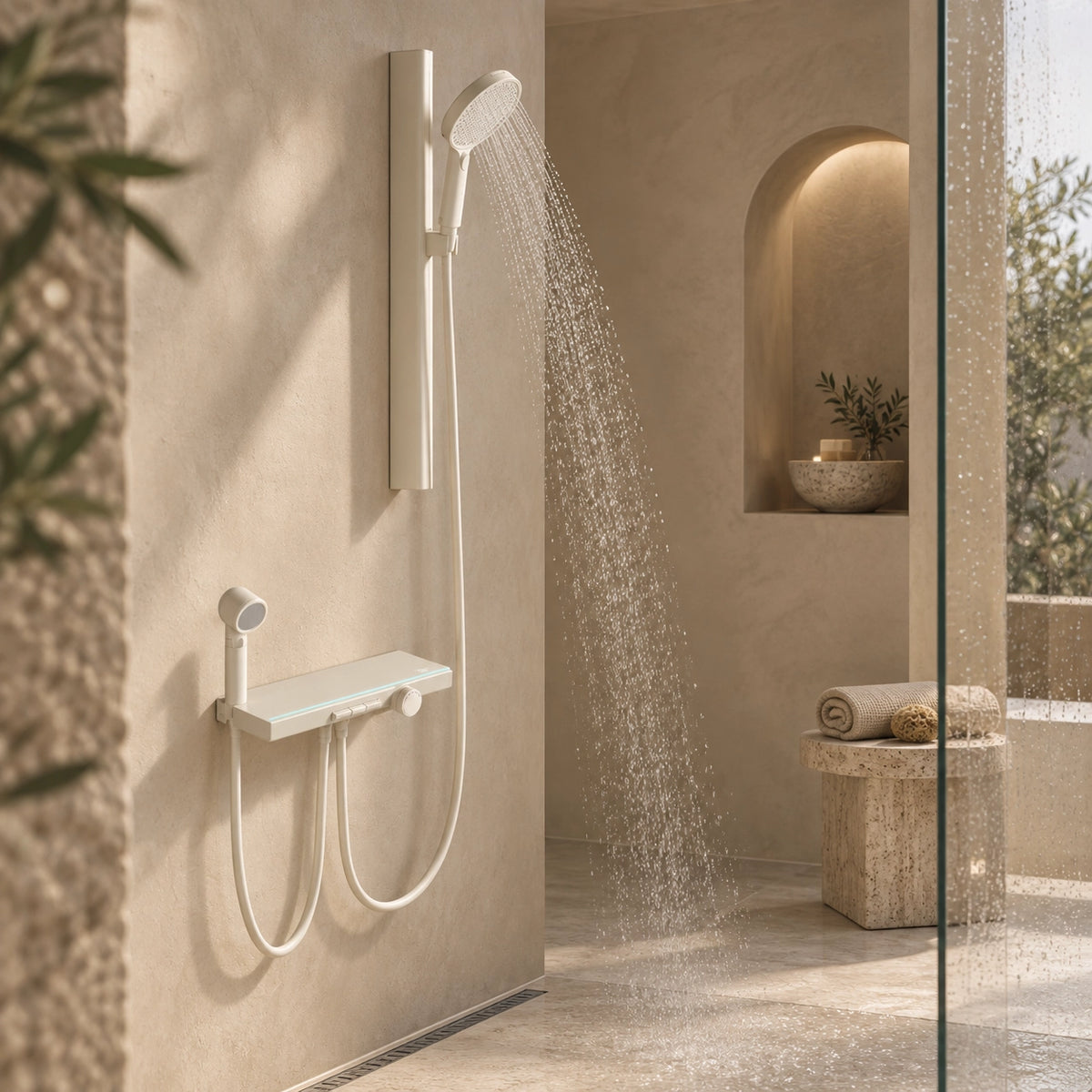 Cream white minimalist shower set, real‑scene bathroom with niche wall recess