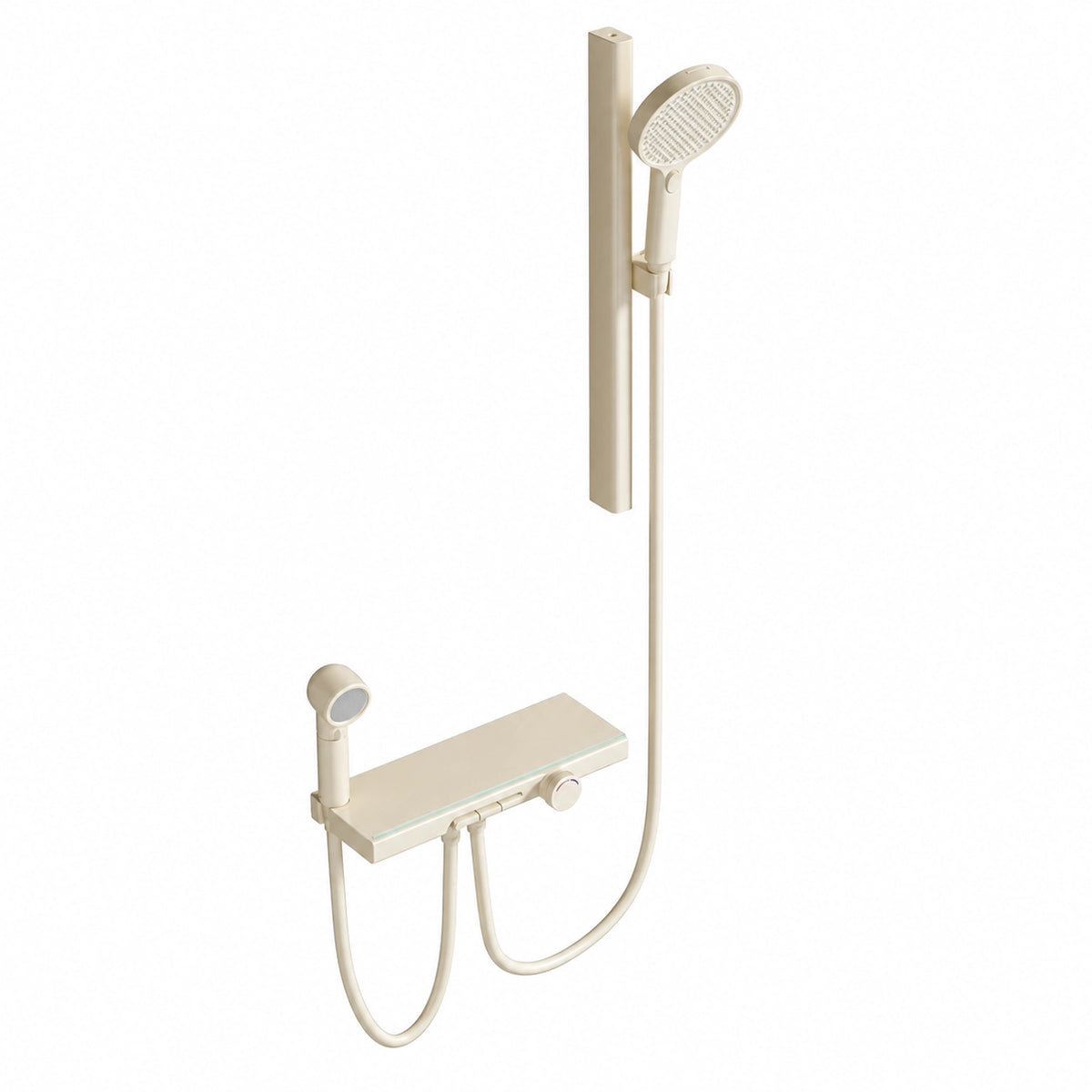 Cream thermostatic shower system, no overhead shower, with shelf and bidet sprayer