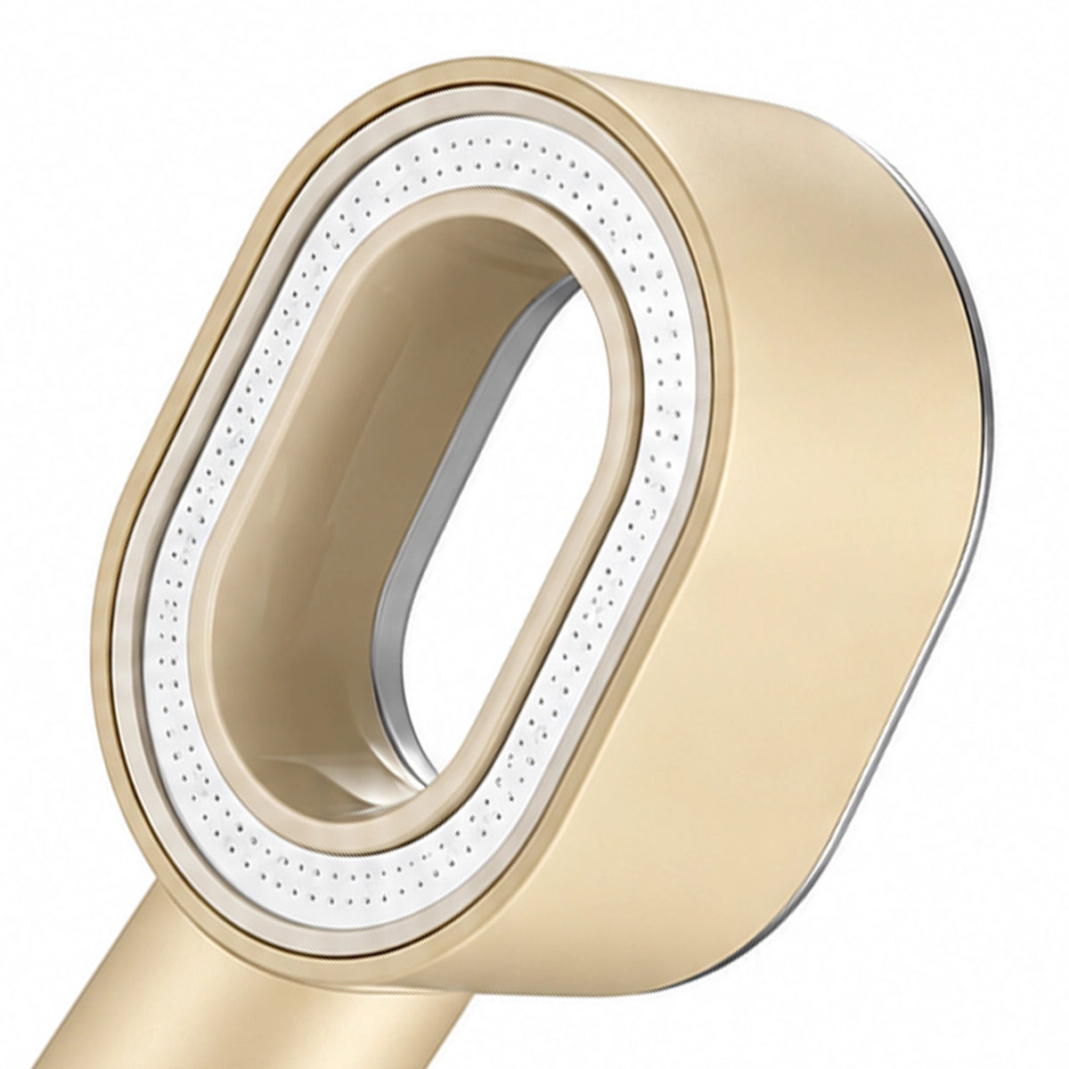 Filter shower head close‑up, hollow oval spray face detail