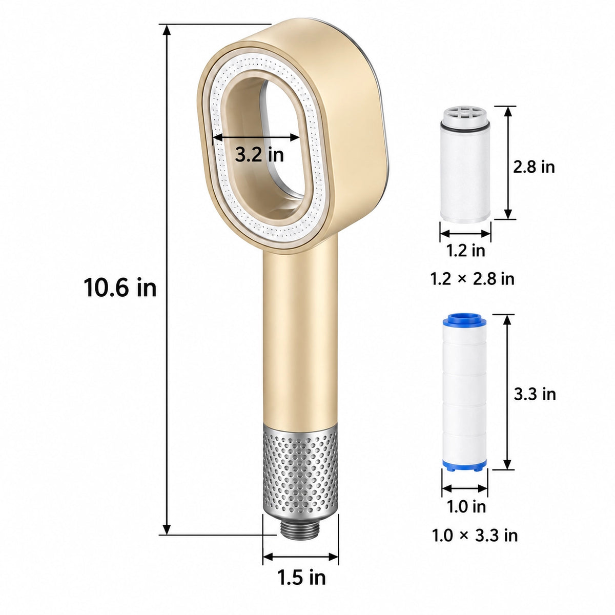 Beige filtered handheld shower, dimension chart in inches with 2 replacement filters
