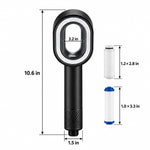 Black filtered handheld shower, dimension chart in inches with 2 replacement filters