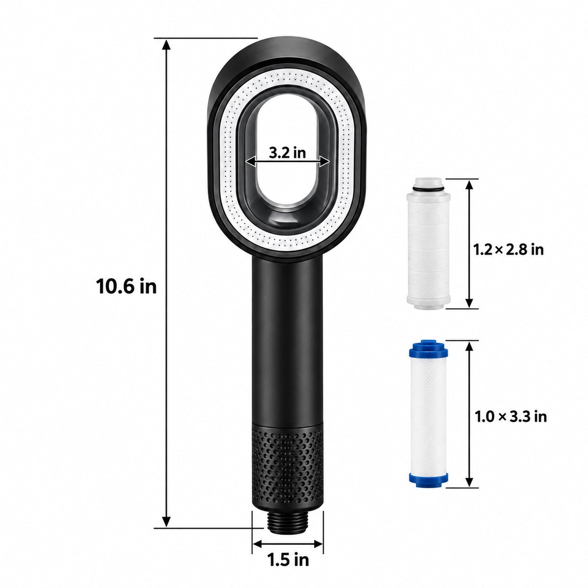 Black filtered handheld shower, dimension chart in inches with 2 replacement filters
