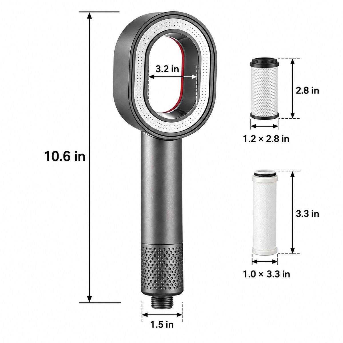 Grey filtered handheld shower, dimension chart in inches with 2 replacement filters