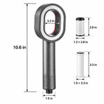 Grey filtered handheld shower, dimension chart in inches with 2 replacement filters