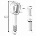 White filtered handheld shower, dimension chart in inches with 2 replacement filters
