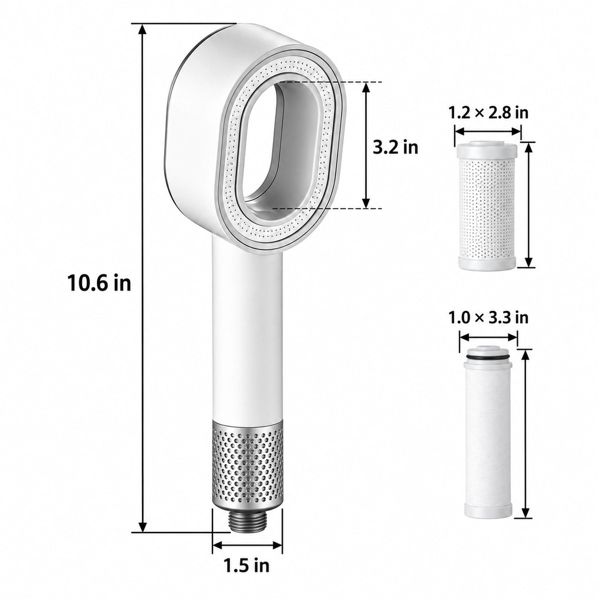 White filtered handheld shower, dimension chart in inches with 2 replacement filters