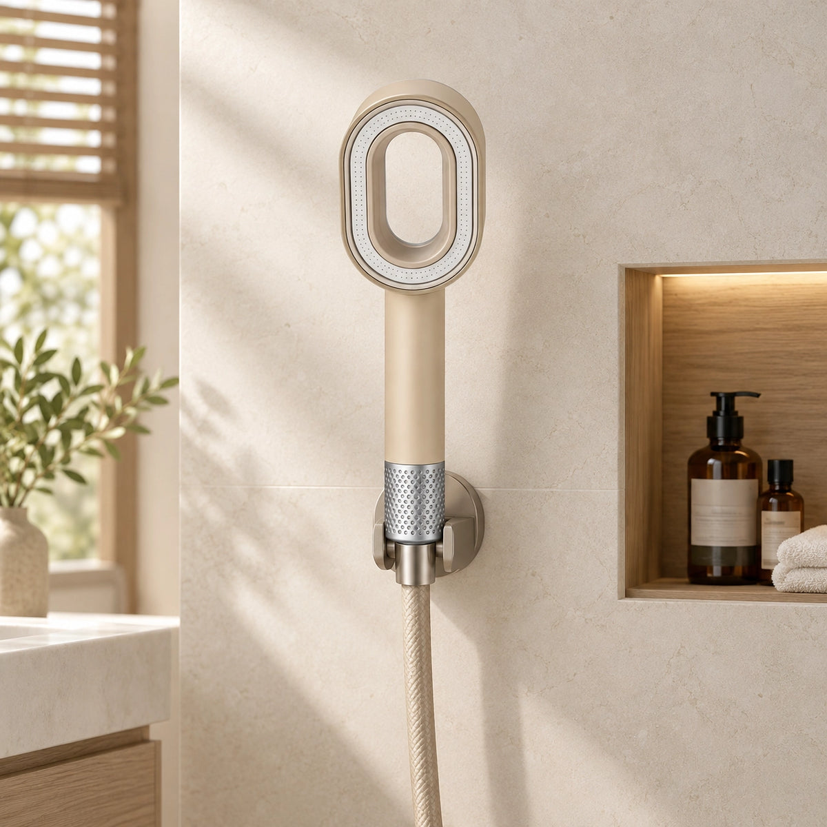 Beige filtered handheld shower, close‑up on bathroom wall