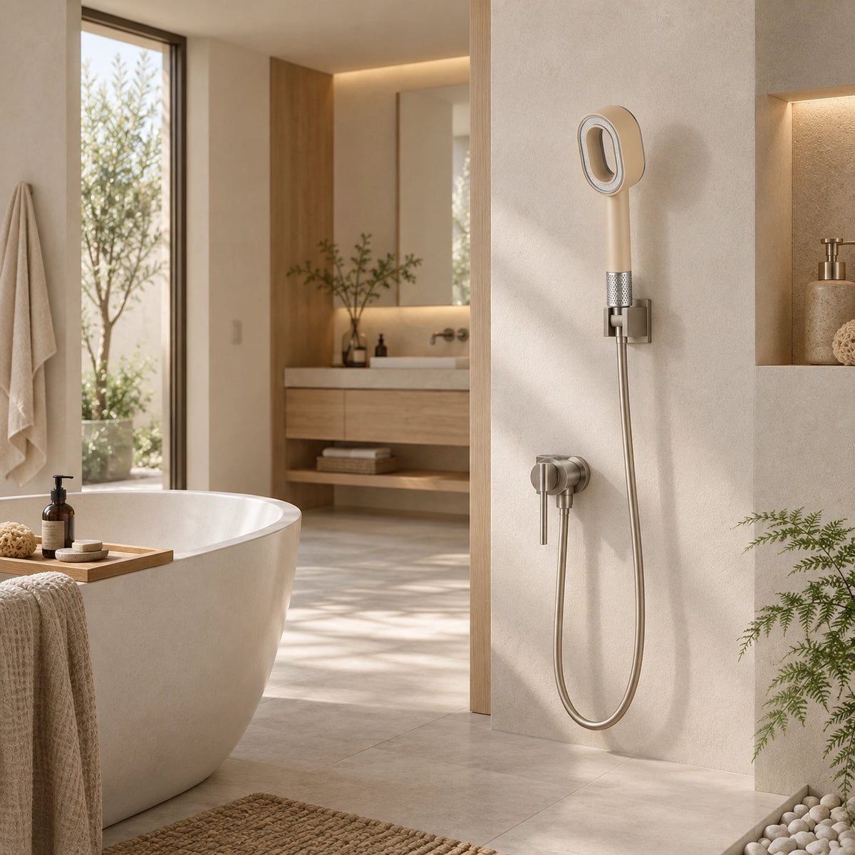Beige filtered handheld shower, installed in modern‑style bathroom