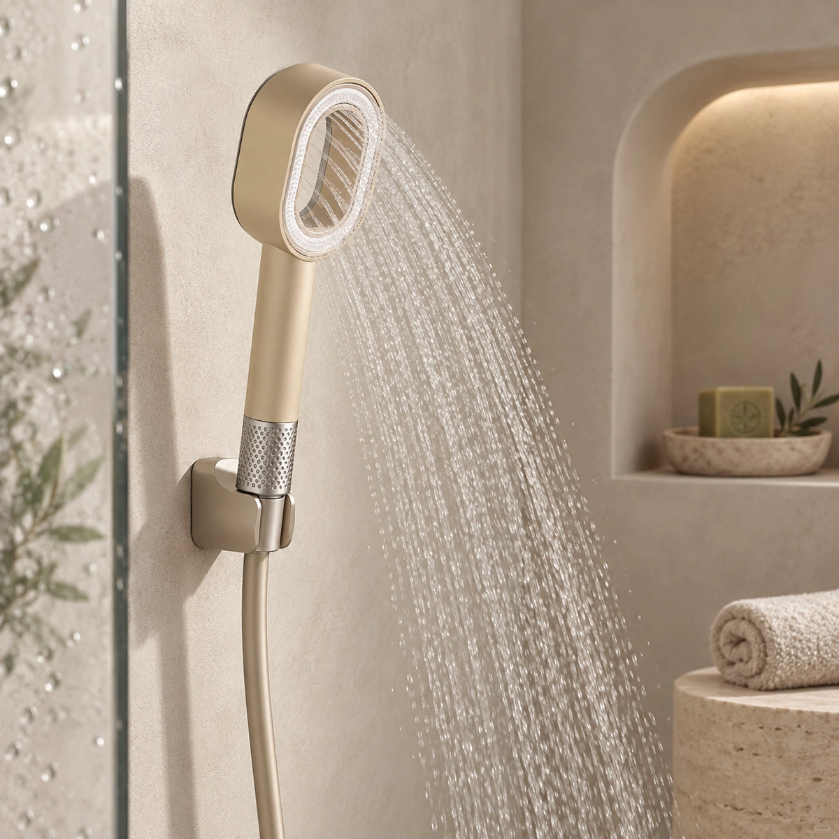 Beige filtered handheld shower in spray mode, minimalist shower area