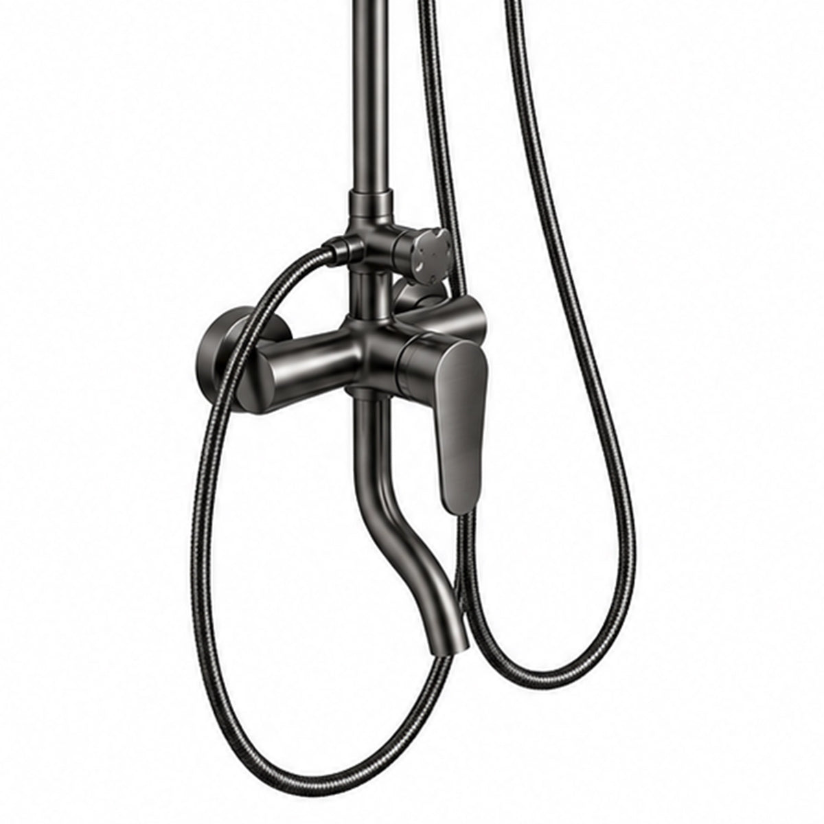 Close‑up of shower mixing valve, metal body and flexible hoses